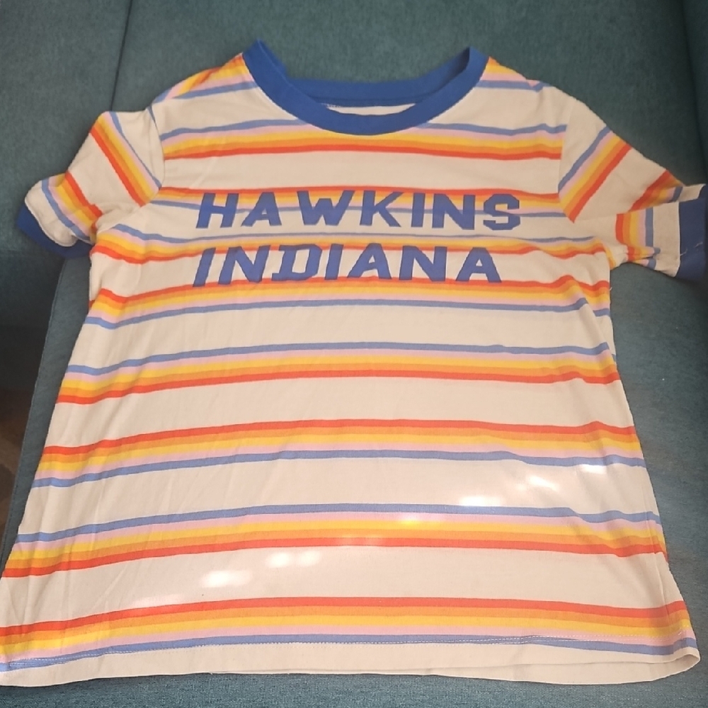 Hawkins Indiana Womens Striped Graphic Tee - Blue/Yellow/Orange